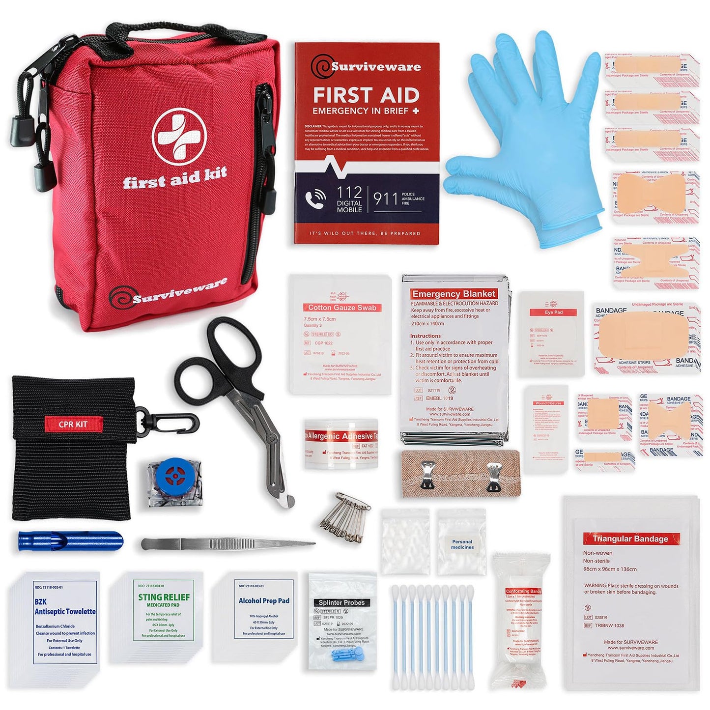 Surviveware 98 Pcs Comprehensive Premium Survival First Aid Kit - Medical Emergency Kit for Travel Camping Gear, Home Essentials & Outdoor Emergencies - HSA & FSA Eligible Survival Kit