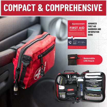 Surviveware 98 Pcs Comprehensive Premium Survival First Aid Kit - Medical Emergency Kit for Travel Camping Gear, Home Essentials & Outdoor Emergencies - HSA & FSA Eligible Survival Kit