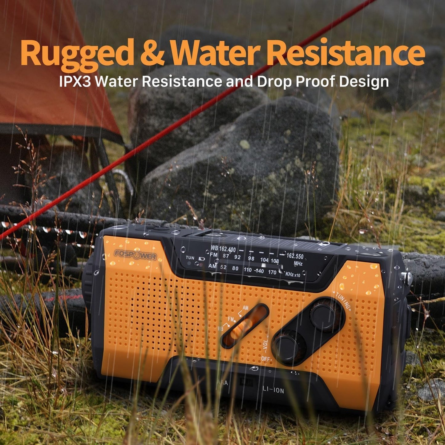 FosPower NOAA Emergency Weather Radio A1 7400mWh Portable Power Bank, AM/FM, USB/Solar/Hand Crank Charging, Battery Operated, SOS Alarm & Flashlight for Indoor/Outdoor Emergency - Orange