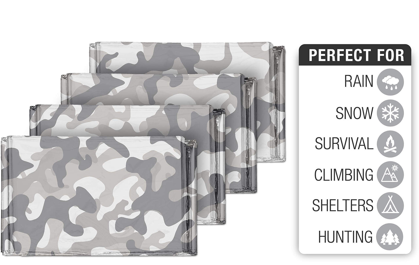 Swiss Safe 4 Pack Mylar Emergency Blankets for Survival - Compact & Insulated for Cold Weather - Designed for NASA, Outdoor, Running, Camping, Survival, First Aid Car Kit - Winter Camo, 4 Pack
