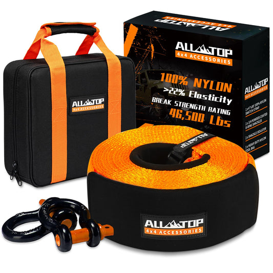 ALL-TOP Extreme Duty Tow Strap Recovery Kit: 4inch x 30ft (46,500lbs) 100% Nylon and 22% Elongation Snatch Strap + 3/4 Heavy Duty D Ring Shackles (2pcs) + Storage Bag