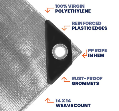 Tarpco Safety Extra Heavy Duty 14 Mil Tarp Cover, Waterproof, UV Resistant, Rip and Tear Proof, Poly Tarpaulin with Reinforced Edges for Roof, Camping, Patio, Pool, Boat (Silver/Black 6′ X 8′)