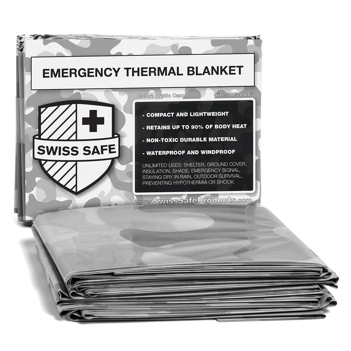 Swiss Safe 4 Pack Mylar Emergency Blankets for Survival - Compact & Insulated for Cold Weather - Designed for NASA, Outdoor, Running, Camping, Survival, First Aid Car Kit - Winter Camo, 4 Pack