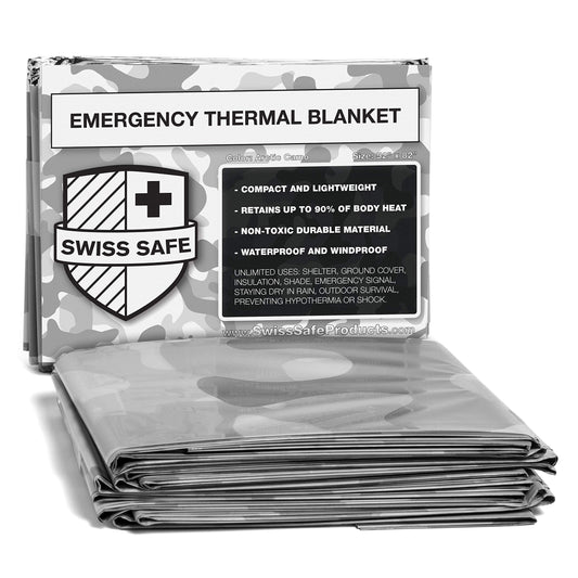 Swiss Safe 4 Pack Mylar Emergency Blankets for Survival - Compact & Insulated for Cold Weather - Designed for NASA, Outdoor, Running, Camping, Survival, First Aid Car Kit - Winter Camo, 4 Pack