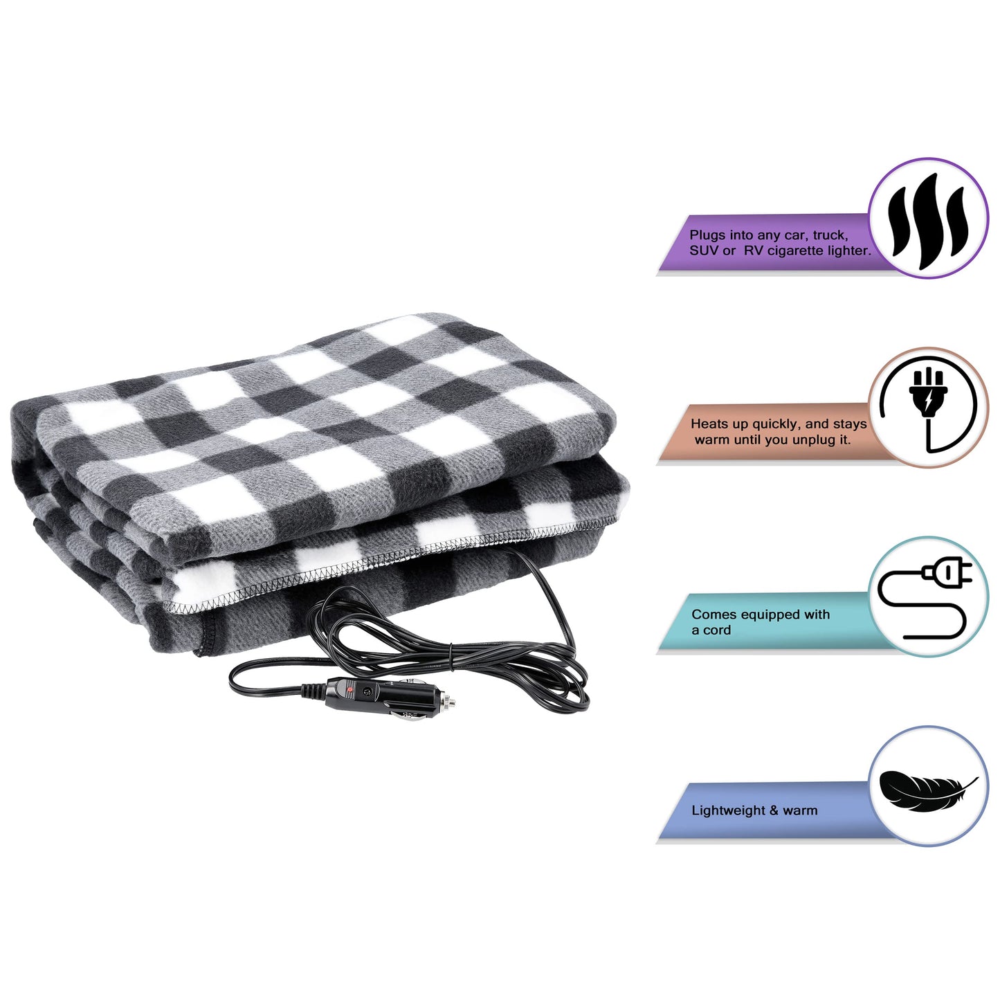 Heated Blanket - 12-Volt Electric Blanket for Car, Truck, SUV, or RV - Portable Winter Car Accessories for Camping or Travel by Stalwart (Black Plaid)