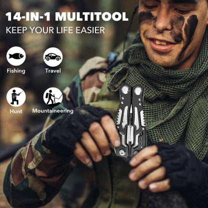 14-In-1 Multitool with Safety Locking, Professional Stainless Steel Multitool Pliers Pocket Knife, Bottle Opener, Screwdriver with Nylon Sheath ，Apply to Survival,Camping, Hunting and Hiking 1 Pcs