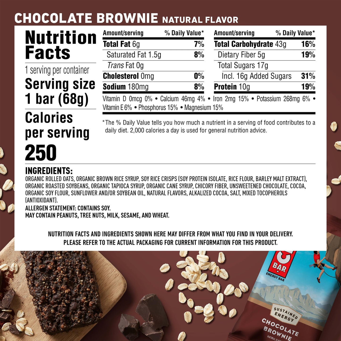 CLIF BAR - Chocolate Brownie Flavor - Made with Organic Oats - Energy Bars - Non-GMO - Plant Based Protein Bars (12 Pack)