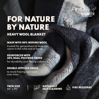 Camping Wool Blanket - 66 in X 90 in Black & Cream Plaid - Heavyweight Merino Wool Outdoor Throw Blanket & Bedroll - Insulating Warm for Winter, Picnic & Travel