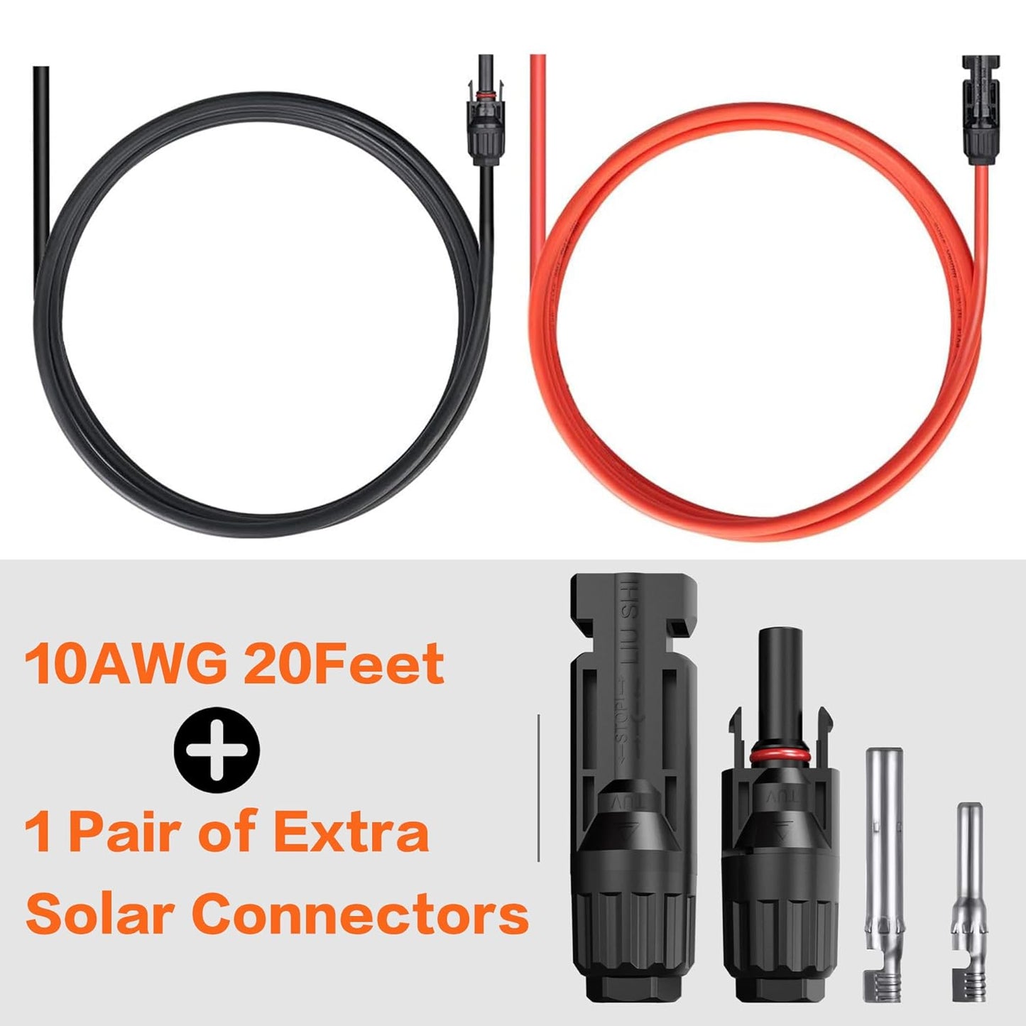20 Feet 12AWG Solar Extension Cable with Female and Male Connector with Extra Free Pair of Connectors Solar Panel Adaptor Kit Tool(1 Pair 20 Feet Black + 20 Feet Red)
