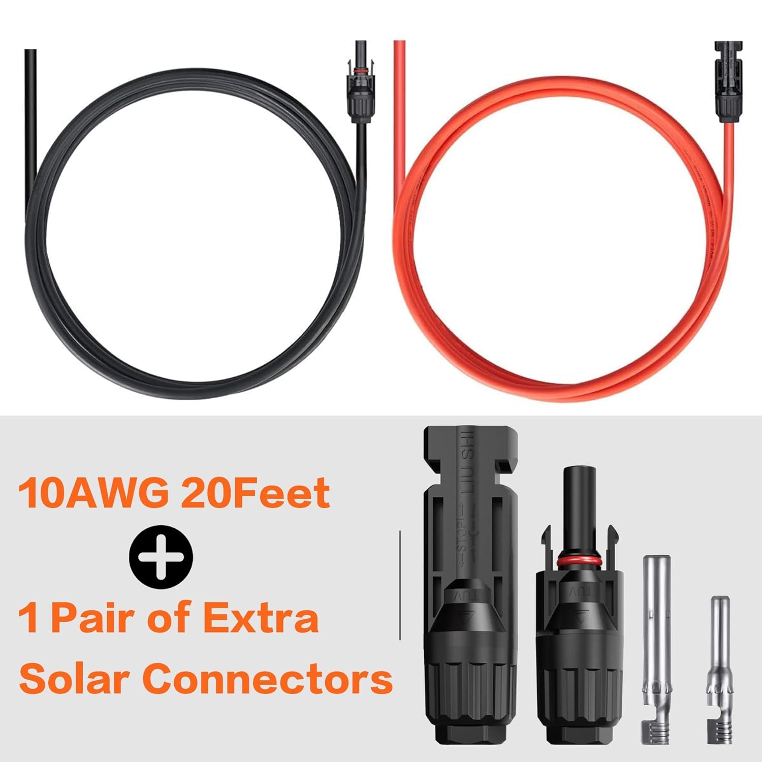 20 Feet 12AWG Solar Extension Cable with Female and Male Connector with Extra Free Pair of Connectors Solar Panel Adaptor Kit Tool(1 Pair 20 Feet Black + 20 Feet Red)