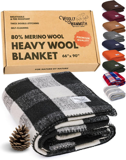 Camping Wool Blanket - 66 in X 90 in Black & Cream Plaid - Heavyweight Merino Wool Outdoor Throw Blanket & Bedroll - Insulating Warm for Winter, Picnic & Travel