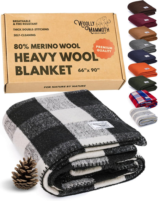 Camping Wool Blanket - 66 in X 90 in Black & Cream Plaid - Heavyweight Merino Wool Outdoor Throw Blanket & Bedroll - Insulating Warm for Winter, Picnic & Travel