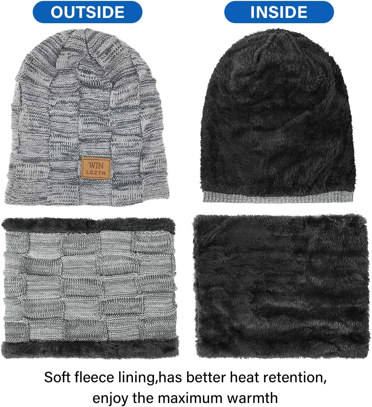 Mens Winter Beanie Hat Scarf Set Warm Fleece Lined Knit Ski Hats Slouchy Skull Cap for Unisex Gift