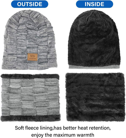 Mens Winter Beanie Hat Scarf Set Warm Fleece Lined Knit Ski Hats Slouchy Skull Cap for Unisex Gift