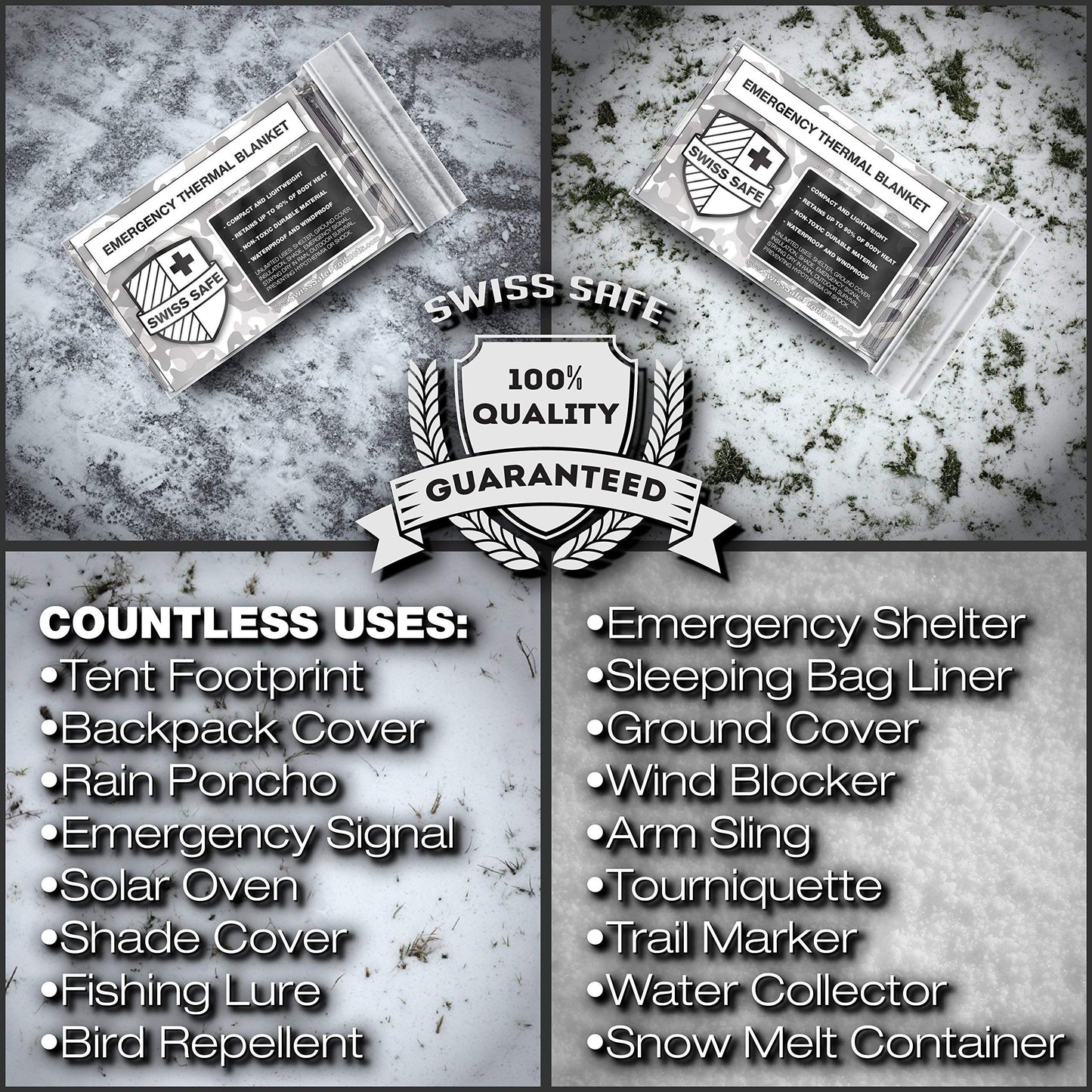 Swiss Safe 4 Pack Mylar Emergency Blankets for Survival - Compact & Insulated for Cold Weather - Designed for NASA, Outdoor, Running, Camping, Survival, First Aid Car Kit - Winter Camo, 4 Pack