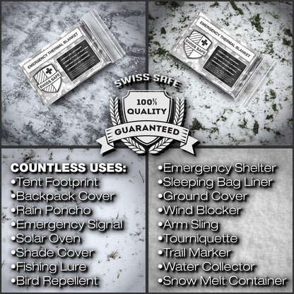 Swiss Safe 4 Pack Mylar Emergency Blankets for Survival - Compact & Insulated for Cold Weather - Designed for NASA, Outdoor, Running, Camping, Survival, First Aid Car Kit - Winter Camo, 4 Pack