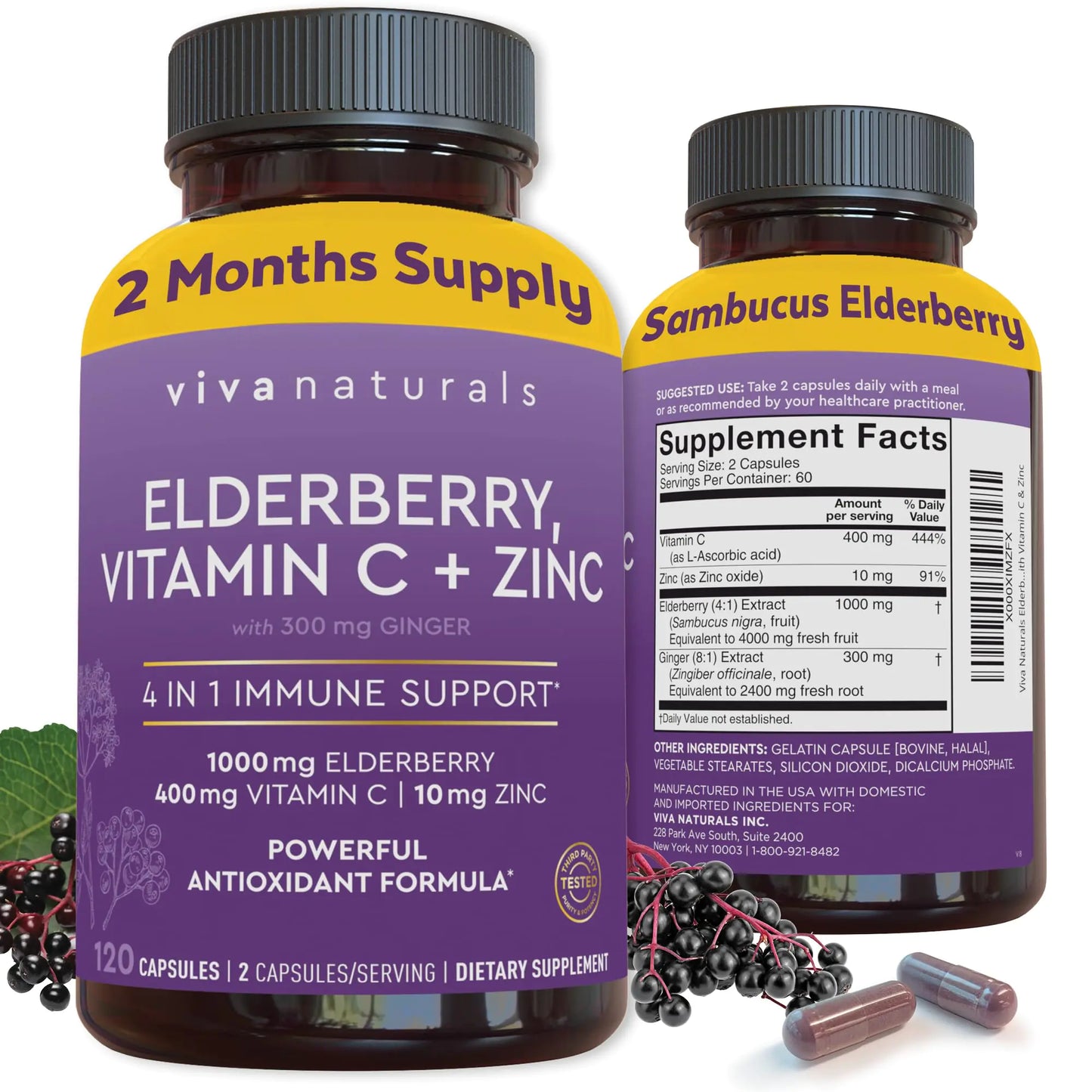 Viva Naturals Elderberry with Vitamin C and Zinc (120 Capsules) - 1000mg Sambucus Elderberry Immune Support Supplement Black Elderberry Capsules for Adults Elderberry Vitamins - 2 Months Supply