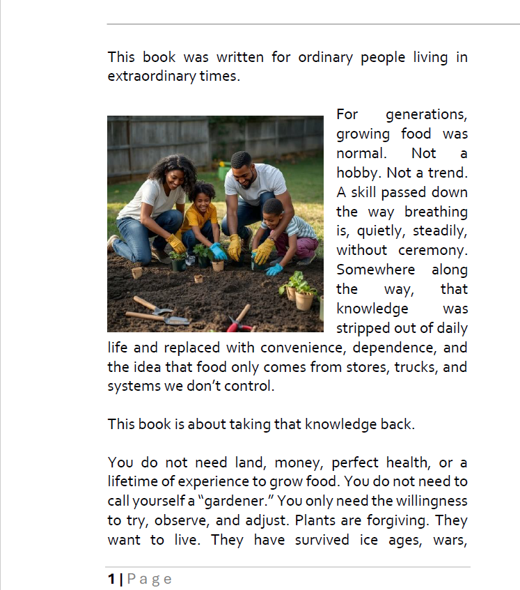Book page with text and a family gardening image 