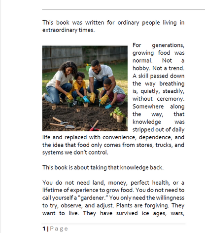 Book page with text and a family gardening image 