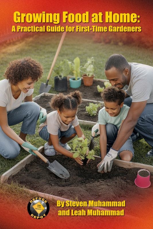  Growing Food at Home' with a family gardening outdoors.