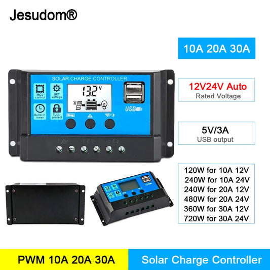 30A20A10A Solar PV Charge Controller 12V24V with LCD Display and Double USB PWM Solar PV Regulators Battery Chargers