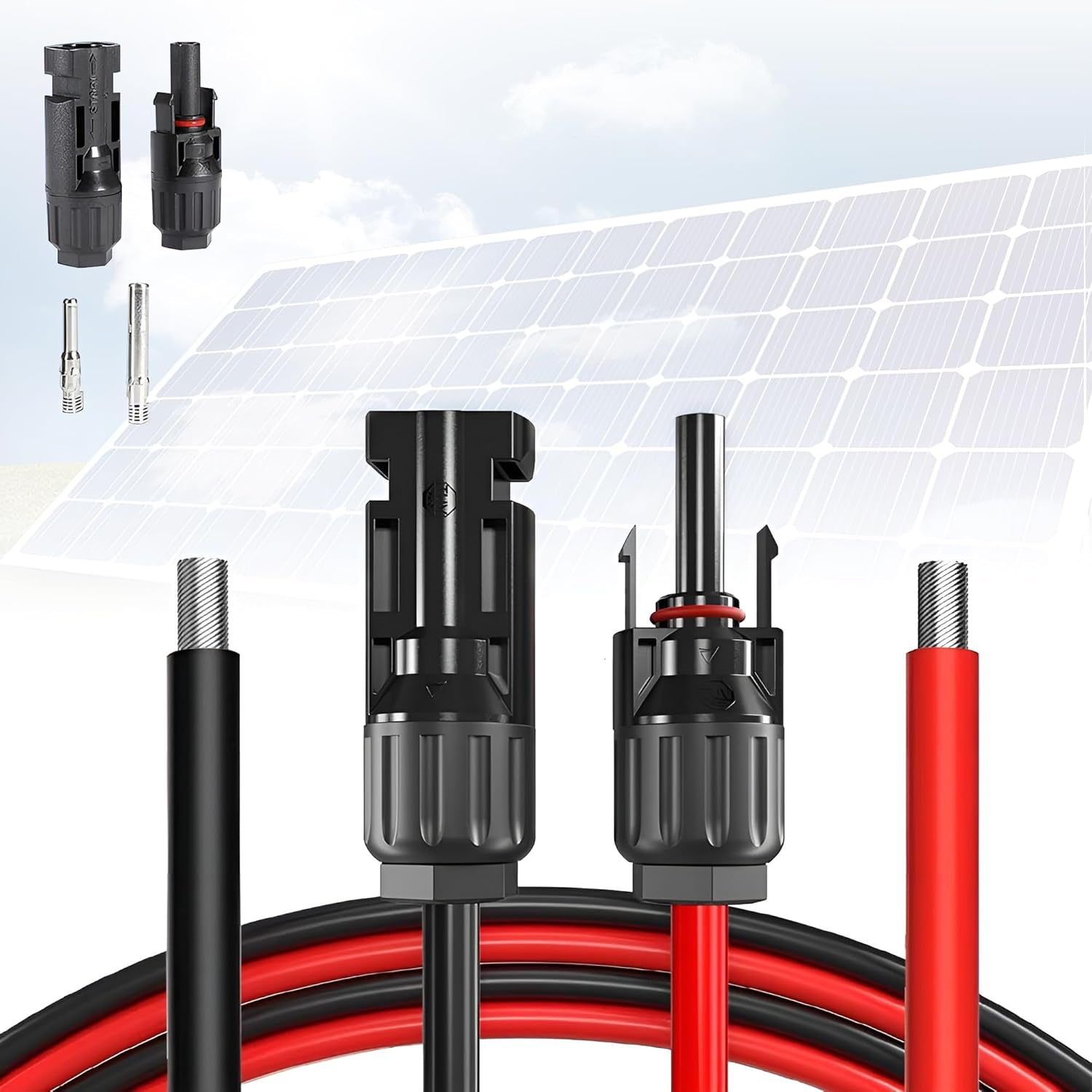 20 Feet 12AWG Solar Extension Cable with Female and Male Connector with Extra Free Pair of Connectors Solar Panel Adaptor Kit Tool(1 Pair 20 Feet Black + 20 Feet Red)