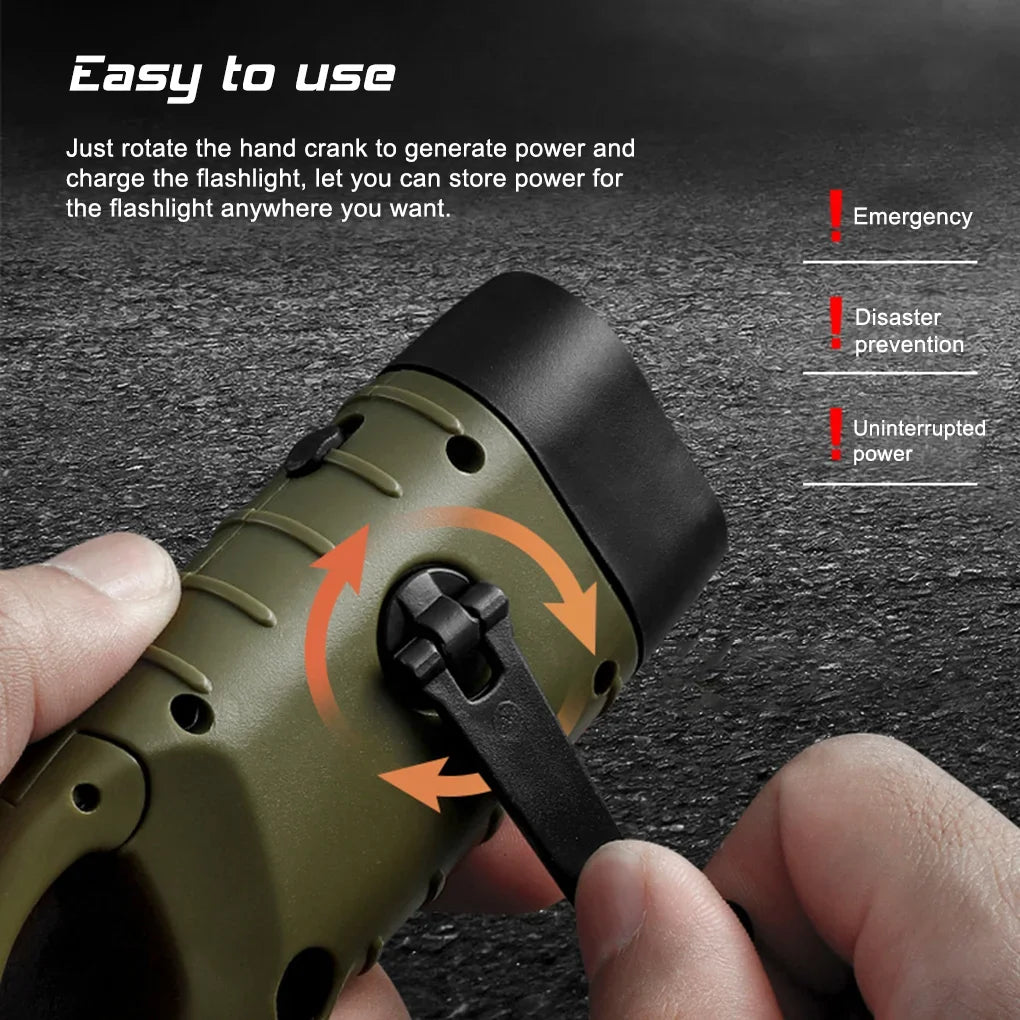 Portable LED Flashlight Tent Light Hand Crank Dynamo Solar Power Torch for Outdoor Camping Hiking Long-Range Emergency Lantern