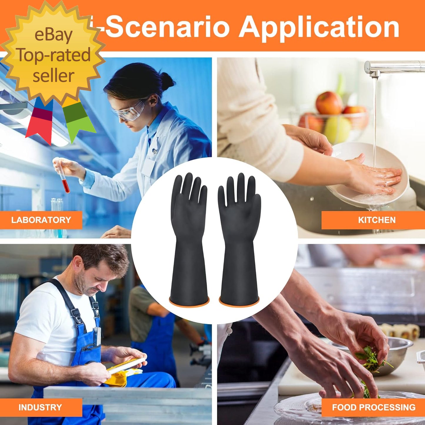 14" XL Size Latex Chemical Resistant Gloves, Reusable Heavy Duty Long Rubber