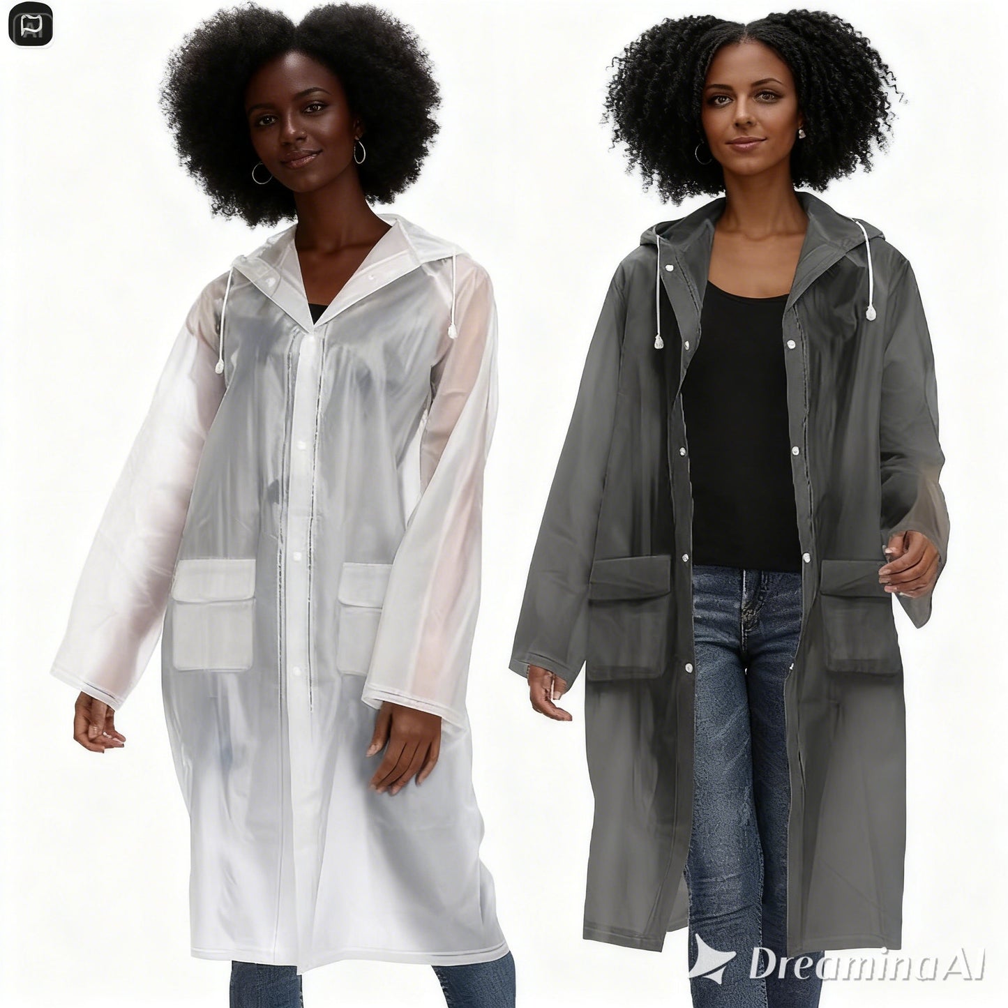 Besshopie EVA Raincoat Lightweight Rain Poncho for Adult Women Reusable 2Pack Long Clear Rain Wear,Black and White,Medium