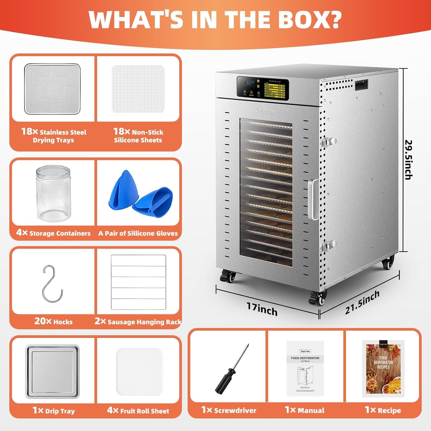 Commercial Food Dehydrator 18 Trays, 1500W Large Capacity 34.42Ft² Food Dryer Machine for Jerky, Meat, Fruit, Herbs, Full Stainless Steel Industrial Dehydrater Biltong Maker