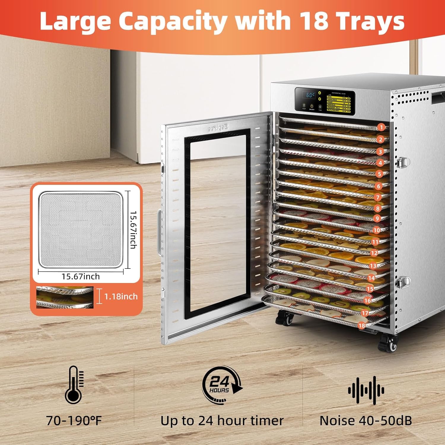 Commercial Food Dehydrator 18 Trays, 1500W Large Capacity 34.42Ft² Food Dryer Machine for Jerky, Meat, Fruit, Herbs, Full Stainless Steel Industrial Dehydrater Biltong Maker