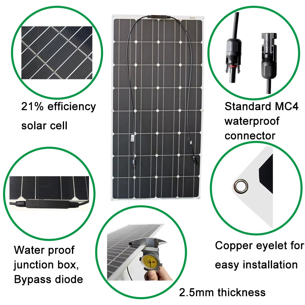 100W 200W 12V Portable Solar Panel Flexible 18V 800W Plate CELLS Monocrystalline Silicon