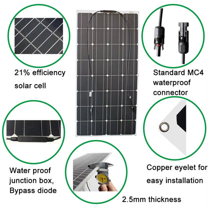 100W 200W 12V Portable Solar Panel Flexible 18V 800W Plate CELLS Monocrystalline Silicon