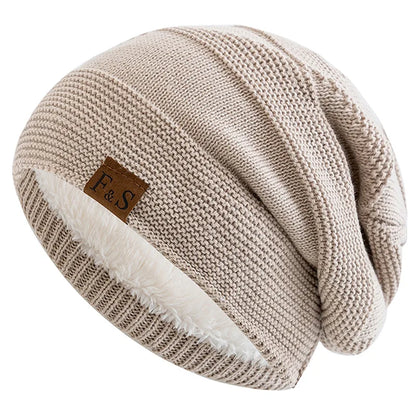 New Unisex Slouchy Winter Hats Add Fur Lined Men and Women Warm Beanie Cap Casual Label Decor Winter Knitted Hats