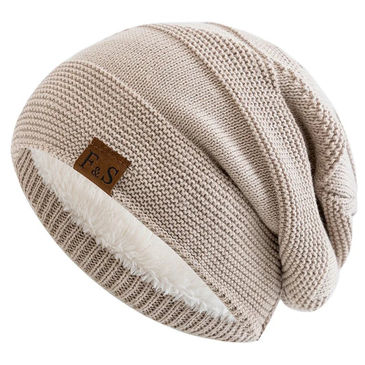New Unisex Slouchy Winter Hats Add Fur Lined Men and Women Warm Beanie Cap Casual Label Decor Winter Knitted Hats