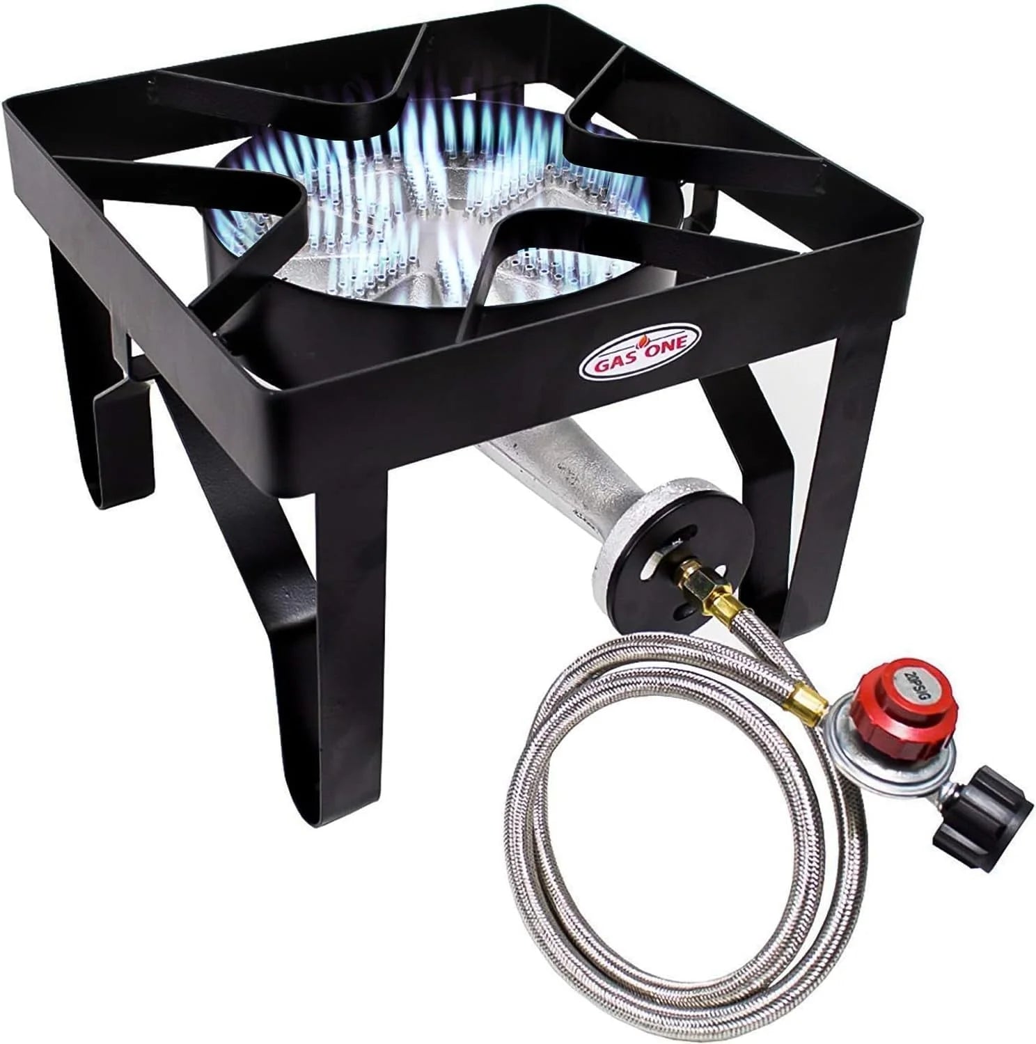Propane Single Gas Burner 200,000BTU Heavy Duty - 0-20 PSI Adjustable Regulator and Hose Camp